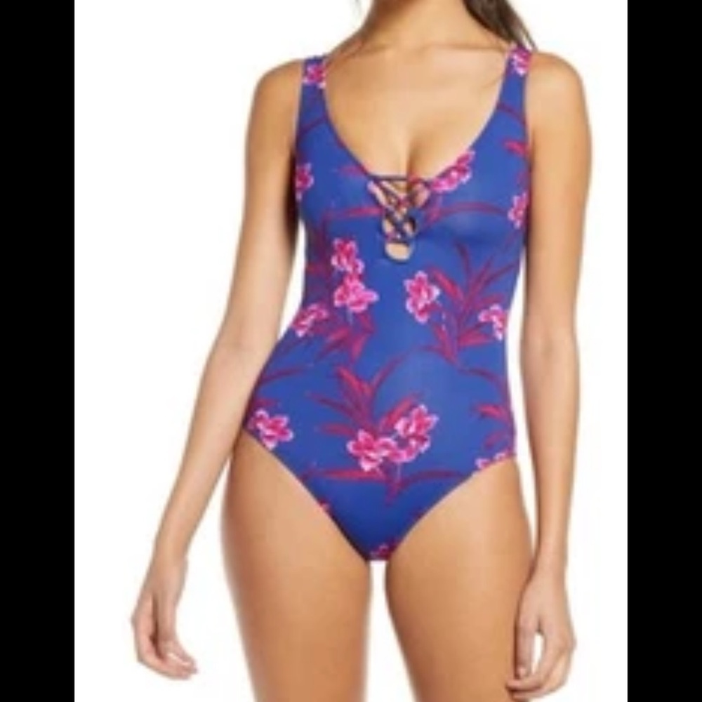 Tommy Bahama Blue One-Piece Swimsuit with Pink Floral Lace-Up Front reversible